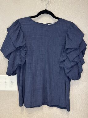 THML Blue Textured Ruffle Sleeve Blouse Size Large